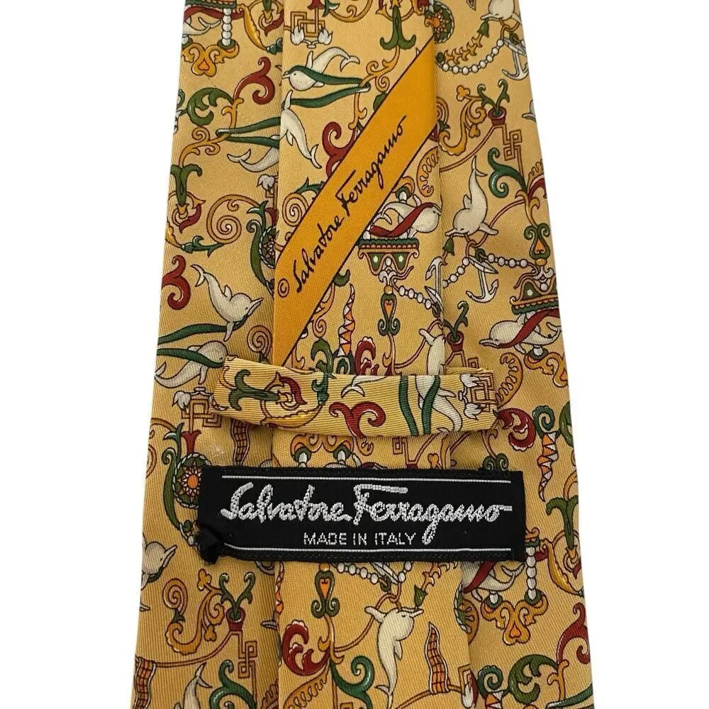 Salvatore Ferragamo Tie Mens 100% Silk Dolphins & Anchors Made in Italy Novelty